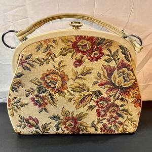 Lowry & Mund Med Tapestry Handbag‎ Cream Good Vintage Floral Frame Bag USA Made